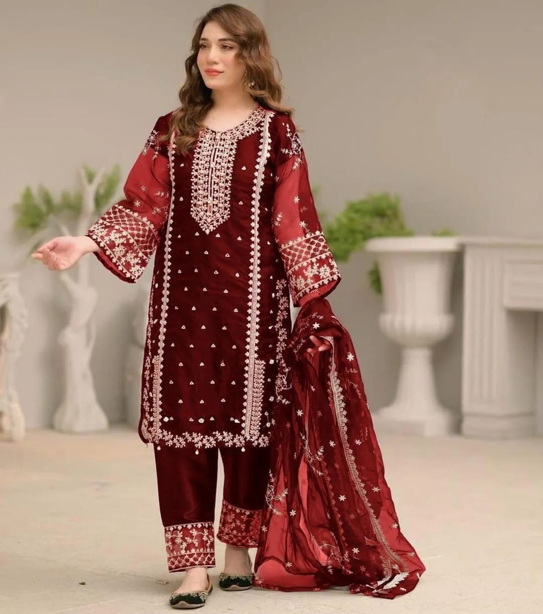 Premium Maroon Embroidered Organza Suit - Azadi Sale Special