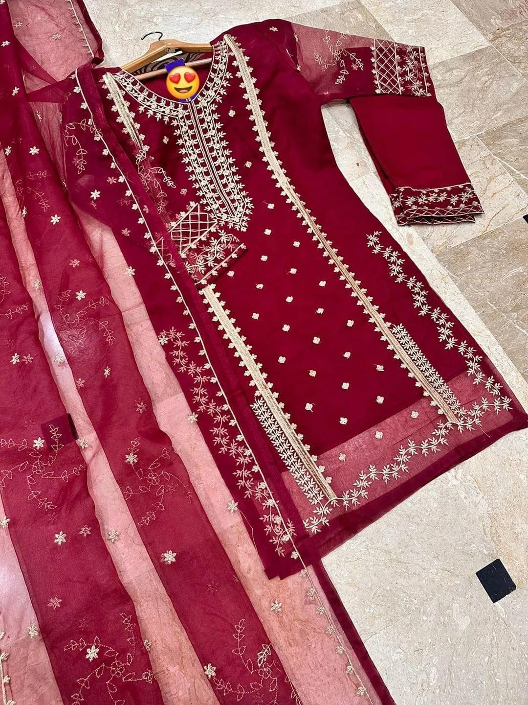 Premium Maroon Embroidered Organza Suit - Azadi Sale Special